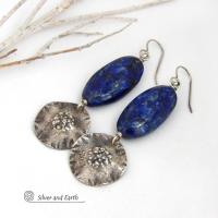 Sterling Silver Dangle Earrings with Large Blue Lapis Lazuli Gemstones - Artisan Handmade Bold Modern Statement Jewelry