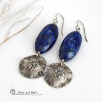 Handcrafted earrings with large blue lapis lazuli gemstones with a faceted finish accented with sterling silver dangles. Unique and one-of-a-kind, they'll make a bold statement.