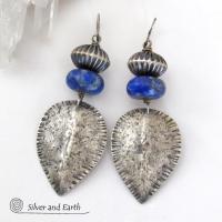 Big Bold Sterling Silver Earrings with Blue Lapis Lazuli Gemstones - Modern Southwestern Style Jewelry