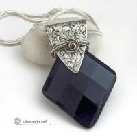 Sterling Silver Pendant Necklace with Large Faceted Black Onyx Gemstone