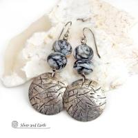 Sterling Silver Earrings with Hand Stamped and Hammered Texture and Black Web Jasper Stones