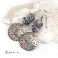 Sterling Silver Earrings with Hand Stamped and Hammered Texture and Black Web Jasper Stones