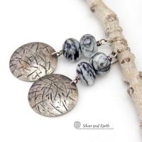Sterling Silver Earrings with Hand Stamped and Hammered Texture and Black Web Jasper Stones