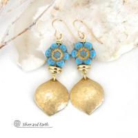 Gold Brass Dangle Earrings with Blue Flower Beads - Elegant Modern Nature Jewelry 