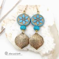 Gold Brass Earrings with Blue Flower and Turquoise Beads - Modern Elegant Nature Jewelry