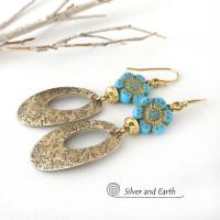 Gold Brass Dangle Earrings with Turquoise Flower Beads - Earthy Modern Nature Jewelry 