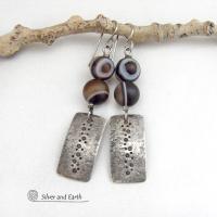 Hammered and Hand Stamped Textured Sterling Silver Earrings with Brown Botswana Agate Gemstones