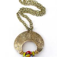 Gold Brass Necklace with African Glass Beads - Ethnic Boho Tribal African Fashion Jewelry
