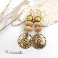 Textured Gold Brass Earrings with Beige Agate Stones - Earthy Modern Gemstone Jewelry