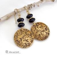 These handcrafted gold brass earrings have a hammered organic texture and are accented with black glass and shiny gold brass beads. They have a contemporary modern style with a timeless classic design that is always in fashion - dressed up or down. They'll coordinate beautifully with all wardrobe types. Makes a perfect 21st anniversary gift for your wife - brass is the traditional metal for this occasion. Handmade in the USA by Silver and Earth Jewelry. 