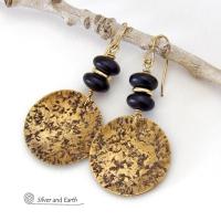 These handcrafted gold brass earrings have a hammered organic texture and are accented with black glass and shiny gold brass beads. They have a contemporary modern style with a timeless classic design that is always in fashion - dressed up or down. They'll coordinate beautifully with all wardrobe types. Makes a perfect 21st anniversary gift for your wife - brass is the traditional metal for this occasion. Handmade in the USA by Silver and Earth Jewelry. 