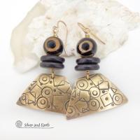 Hand Stamped Gold Brass Earrings with Tibetan Eye Agate Stones