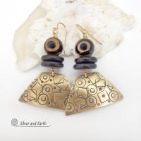 Hand Stamped Gold Brass Earrings with Tibetan Eye Agate Stones