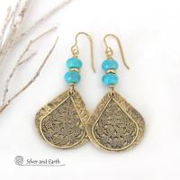 Gold Brass Earrings with Turquoise Stones and Filigree Charms - Bold Exotic Bohemian Egyptian Style Jewelry