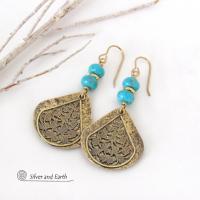 Gold Brass Earrings with Turquoise Stones and Filigree Charms - Bold Exotic Bohemian Egyptian Style Jewelry