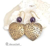 Gold Brass Heart Earrings with Faceted Amethyst Gemstones - Romantic Jewelry Gifts for Women
