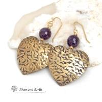 These handcrafted gold brass heart earrings have a hand stamped texture and are accented with faceted amethyst gemstones. Full of romantic charm, they'll make a great gift for someone special on Valentines' Day, a birthday, wedding anniversary -- or any day! They'll also make a great gift for someone born in February - amethyst is February's birthstone. Or a 6th wedding anniversary gift - amethyst is also the gemstone fo