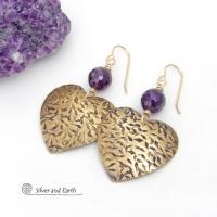 Gold Brass Heart Earrings with Faceted Amethyst Gemstones - Romantic Jewelry Gifts for Women