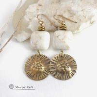 Textured Gold Brass Dangle Earrings with Creamy White Magnesite Stones