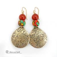Gold Brass Earrings with Red Jasper Gemstones & Colorful African Glass Beads - Bold Exotic Statement Jewelry
