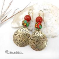 Gold Brass Earrings with Red Jasper Gemstones & Colorful African Glass Beads - Bold Exotic Statement Jewelry