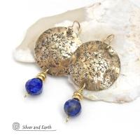 These handcrafted gold brass earrings have a lightly hammered organic texture accented with dangling blue lapis lazuli gemstones and tiny brass beads. They have a modern chic style that coordinates beautifully with all wardrobe styles - dressed up or down. They'll make a great gift for couples celebrating their 9th or 21st wedding anniversary. Brass is the traditional choice for a 21st anniversary and lapis is the gemstone for a 9th anniversary.