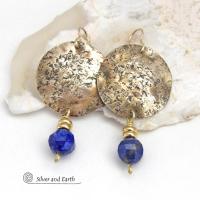 Modern Chic Gold Brass Earrings with Dangling Blue Lapis Lazuli Gemstones