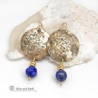 Modern Chic Gold Brass Earrings with Dangling Blue Lapis Lazuli Gemstones