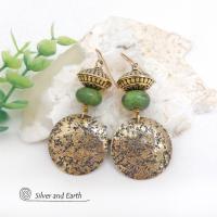 Gold Brass Earrings with Green Serpentine Gemstones - Artisan Handcrafted Modern Earthy Chic Jewelry