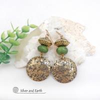 Gold Brass Earrings with Green Serpentine Gemstones - Artisan Handcrafted Modern Earthy Chic Jewelry