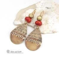 Large Textured Gold Brass Teardrop Earrings with Faceted Red Coral - Bold Unique Statement Jewelry