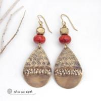 Large Textured Gold Brass Teardrop Earrings with Faceted Red Coral - Bold Unique Statement Jewelry