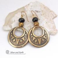 Large Brass Textured Hoop Earrings with Black and Brass Beads - Bold Ethnic Tribal Jewelry