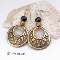 Large Textured Brass Hoop Earrings with Black and Brass Beads - Bold Ethnic Tribal Jewelry
