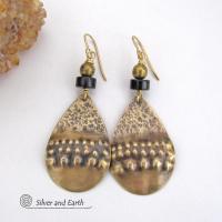 Textured Gold Brass Statement Earrings with Matte Black Jasper Stones - Exotic Boho Tribal Style Jewelry