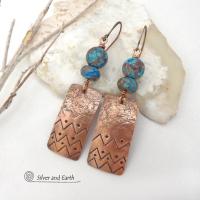 Hand Stamped Copper Rectangle Earrings with Blue Brown Calsilica Jasper Gemstones