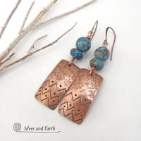 Hand Stamped Copper Rectangle Earrings with Blue Brown Calsilica Jasper Gemstones