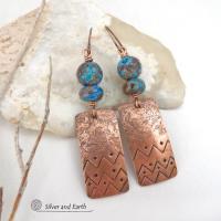 Hand Stamped Copper Rectangle Earrings with Blue Brown Calsilica Jasper Gemstones