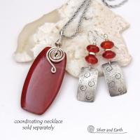 Sterling Silver Earrings with Spiral Stamped Texture and Rusty Orange Carnelian Gemstones with Matching Necklace 