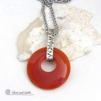 Orange Carnelian Sterling Silver Pendant Necklace -  Earthy Modern Natural Gemstone Jewelry