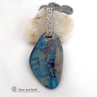 Large Blue Chrysocolla Quartz Gemstone Sterling Silver Necklace - One of a Kind Unique Natural Stone Jewelry 