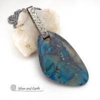 Large Blue Chrysocolla Quartz Gemstone Sterling Silver Necklace - One of a Kind Unique Natural Stone Jewelry 