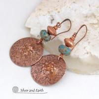 Hammered Copper Earrings with Faceted Blue Calsilica Jasper Stones and Brushed Satin Copper Beads