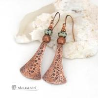 Long Copper Dangle Earrings with Dalmatian Jasper Stones - Artisan Handmade Earthy Chic Boho Style Jewelry