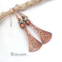 Long Copper Dangle Earrings with Dalmatian Jasper Stones - Artisan Handmade Earthy Chic Boho Style Jewelry