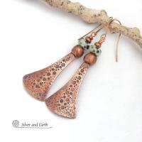 Long Copper Dangle Earrings with Dalmatian Jasper Stones - Artisan Handmade Earthy Chic Boho Style Jewelry