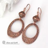 Modern Copper Oval Hoop Earrings with Filigree Beads - 7th Anniversary Gifts for Women