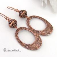 Modern Copper Oval Hoop Earrings with Filigree Beads - 7th Anniversary Gifts for Women