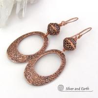 Modern Copper Oval Hoop Earrings with Filigree Beads - 7th Anniversary Gifts for Women