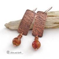 Hammered Textured Copper Earrings with Dangling Earthy Natural Red Creek Jasper Stones